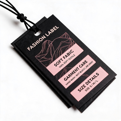 Étiquettes de collier de vêtements fabriquées avec des cartes d'art des deux côtés et du cordon de coton 3 mm Idéal pour les sacs de vêtements et les bagages avec l'impression numérique du logo CMYK