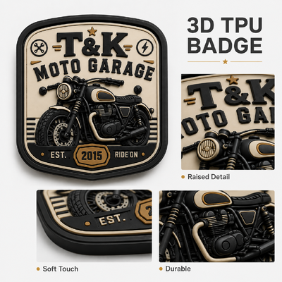 Étiquettes de vêtements thermocollantes en PVC style moto personnalisées avec logo en relief 3D pour vestes, streetwear, vêtements de travail, chapeaux, sacs et identification de marque de garage