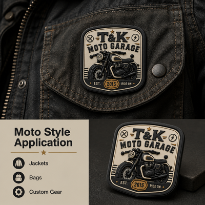 Étiquettes de vêtements thermocollantes en PVC style moto personnalisées avec logo en relief 3D pour vestes, streetwear, vêtements de travail, chapeaux, sacs et identification de marque de garage