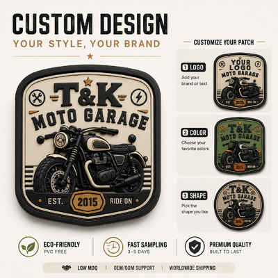 Étiquettes de vêtements thermocollantes en PVC style moto personnalisées avec logo en relief 3D pour vestes, streetwear, vêtements de travail, chapeaux, sacs et identification de marque de garage