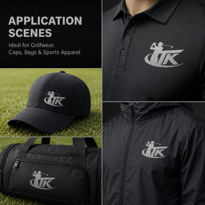 Étiquettes de transfert thermique métalliques personnalisées Transfert de logo de golf pour vêtements de sport, streetwear, polos, vestes OEM ODM écologique sur mesure