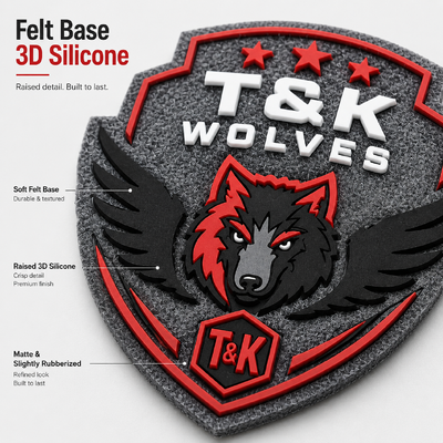 Écusson en silicone 3D sur base en feutre, logo personnalisé en relief à coudre, écusson d'équipe durable sur mesure, direct usine OEM